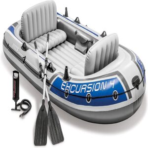 intex excursion inflatable boat series: includes deluxe 54in boat oars and high output pump – supertough pvc – adjustable seats with backrest – fishing rod holders – welded oar locks