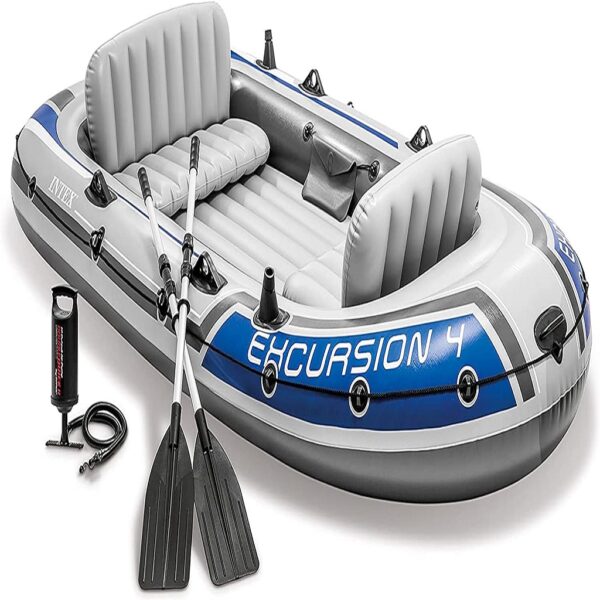 intex excursion inflatable boat series: includes deluxe 54in boat oars and high output pump – supertough pvc – adjustable seats with backrest – fishing rod holders – welded oar locks