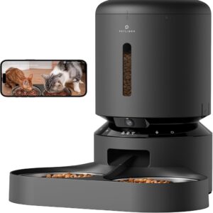 petlibro automatic cat feeder with camera for two cats, 1080p hd video with night vision, 5g wifi pet feeder with 2 way audio for cat & dog, low food & motion & sound alerts, dual tray, black 5l