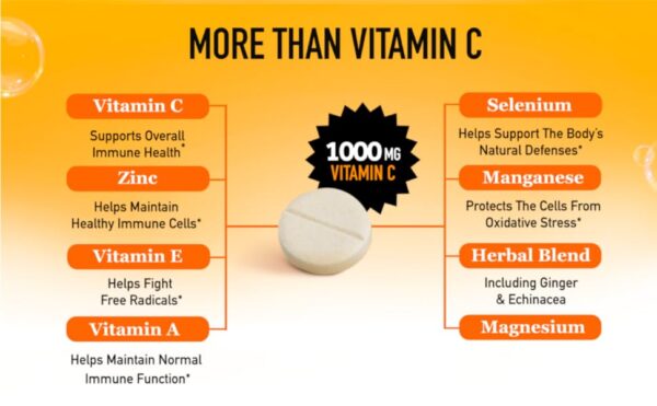 airborne 1000mg vitamin c with zinc, sugar free effervescent tablets, immune support supplement with powerful antioxidants vitamins a c & e – 30 fizzy drink tablets, zesty orange flavor