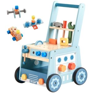 wooden baby push walker, wooden baby walker and tool toy for toddlers, kids tool bench, baby activity center, toddler montessori educational toys, blu