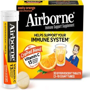 airborne 1000mg vitamin c with zinc, sugar free effervescent tablets, immune support supplement with powerful antioxidants vitamins a c & e – 30 fizzy drink tablets, zesty orange flavor